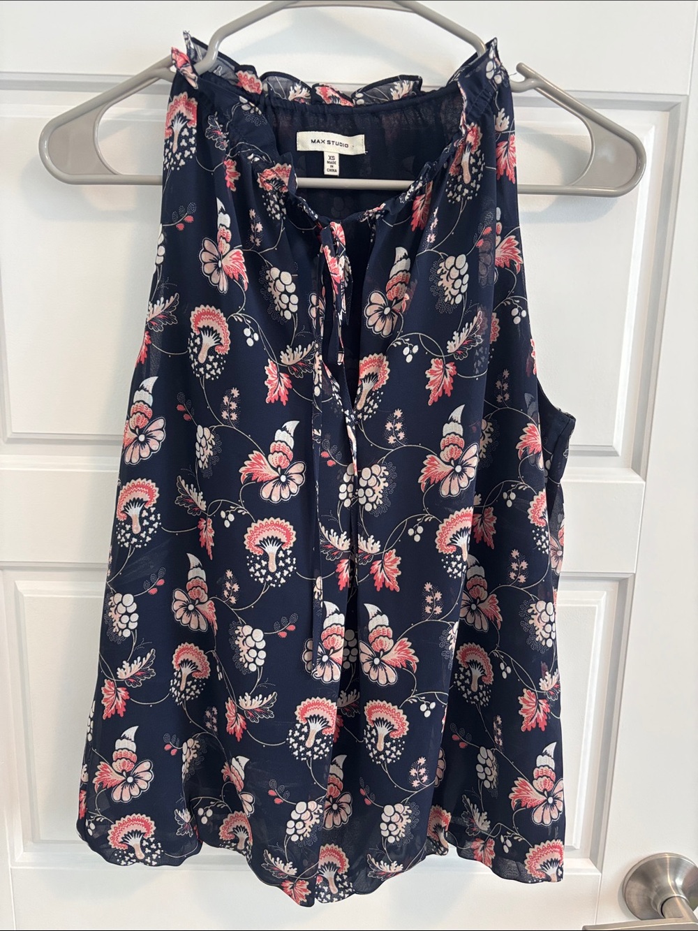 Max Studio Navy Floral Ruffle-Trim Tank with Bubble Hem
